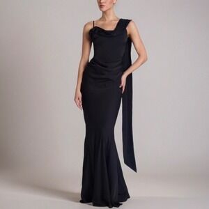 NEW Leau Celine Corset Drape Satin Gown Black Asymmetrical Rosette Maxi Dress XS